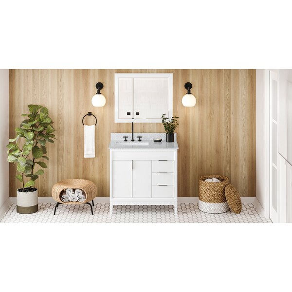 Jeffrey Alexander 36In. White Theodora Vanity, Left Offset, White Carrara Marble Vanity Top, Undrmnt Rctngl Bowl VKITTHE36WHWCR - main